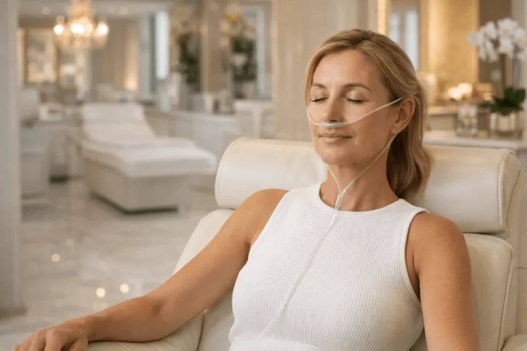 Woman receiving hydrogen inhalation therapy at Divine Longevity and Wellness